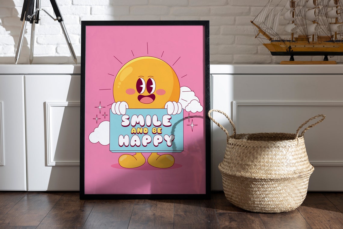 Smile and Be Happy Poster with Cartoon Sun on Pink Backdrop Art