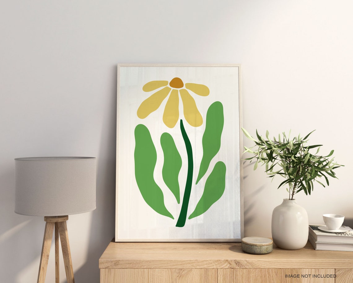Minimalist Yellow Daisy Bloom Green Leaves Modern Floral Poster