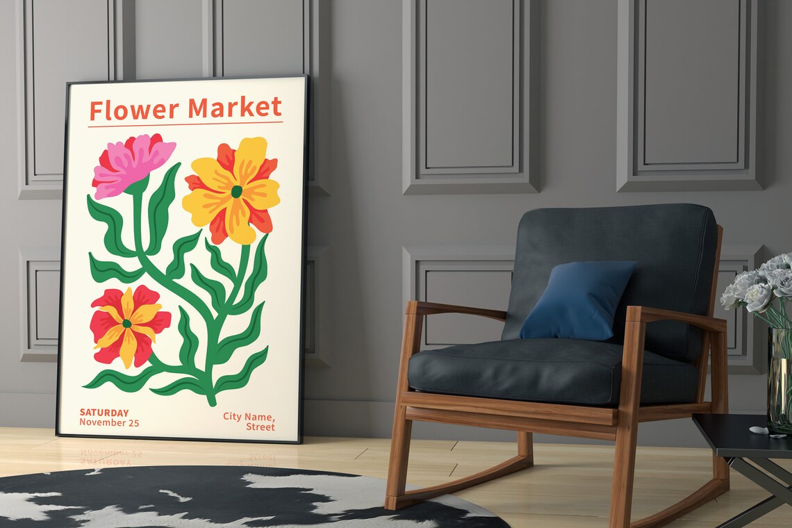 Flower Market Poster with Three Bold Blooms and Green Leaves