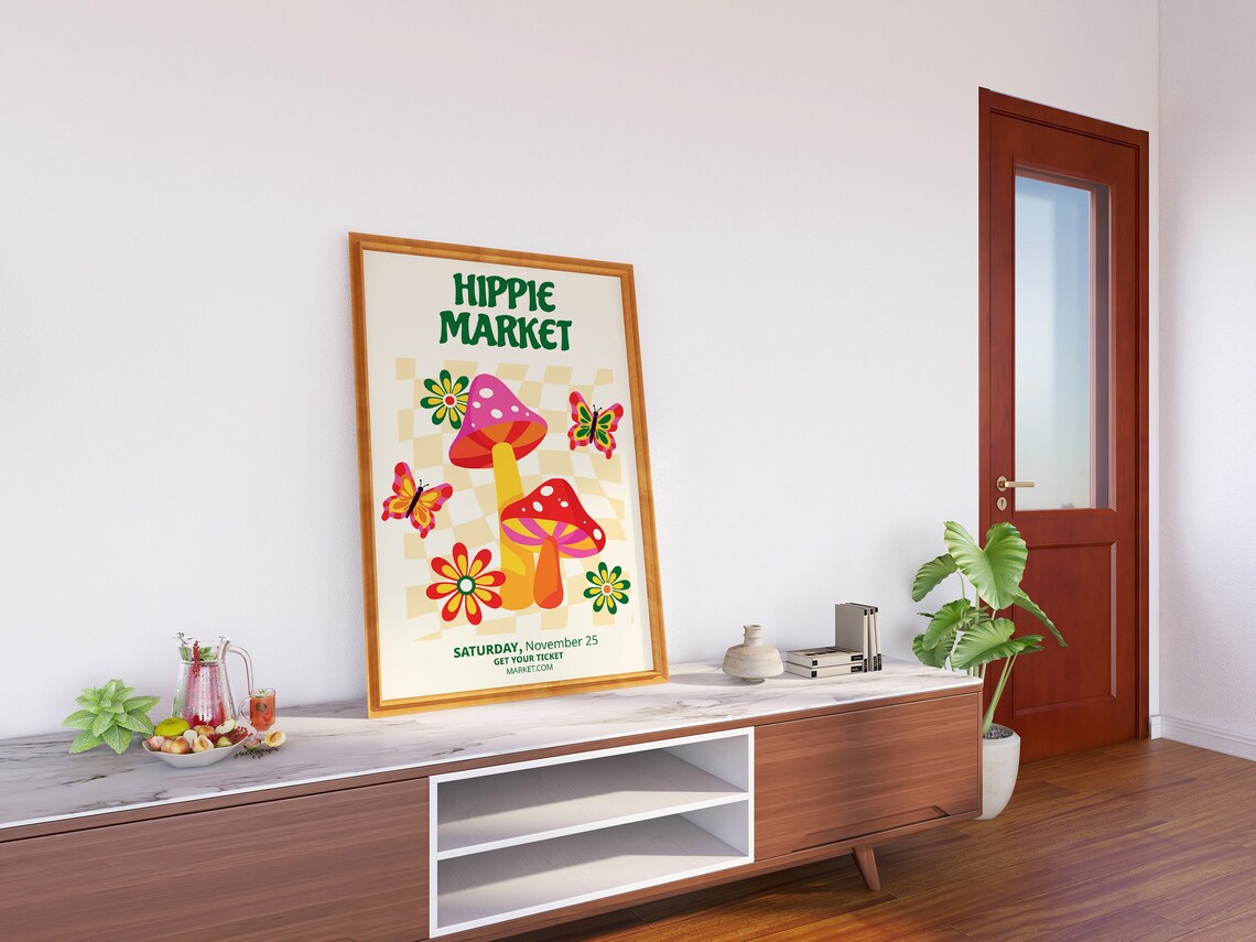 Hippie Market Mushroom Butterfly 70s Retro Festival Art Poster