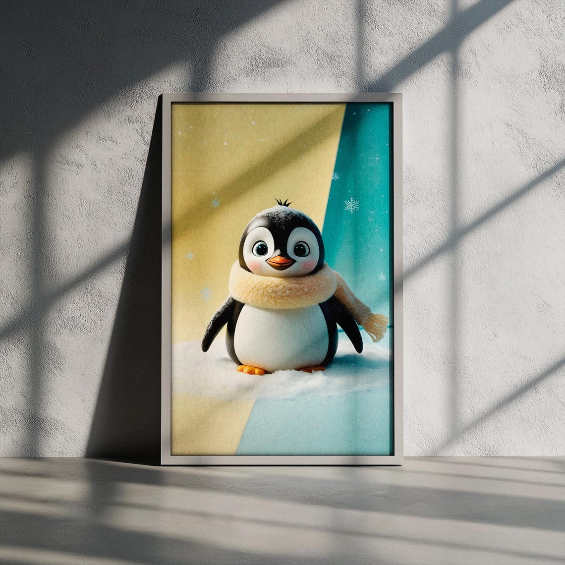 Adorable Baby Penguin in Knit Scarf Snowy Winter Nursery Poster