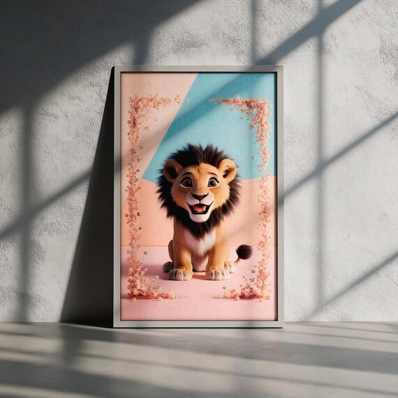 Smiling Baby Lion Cub Under Cherry Blossom Arch Nursery Poster
