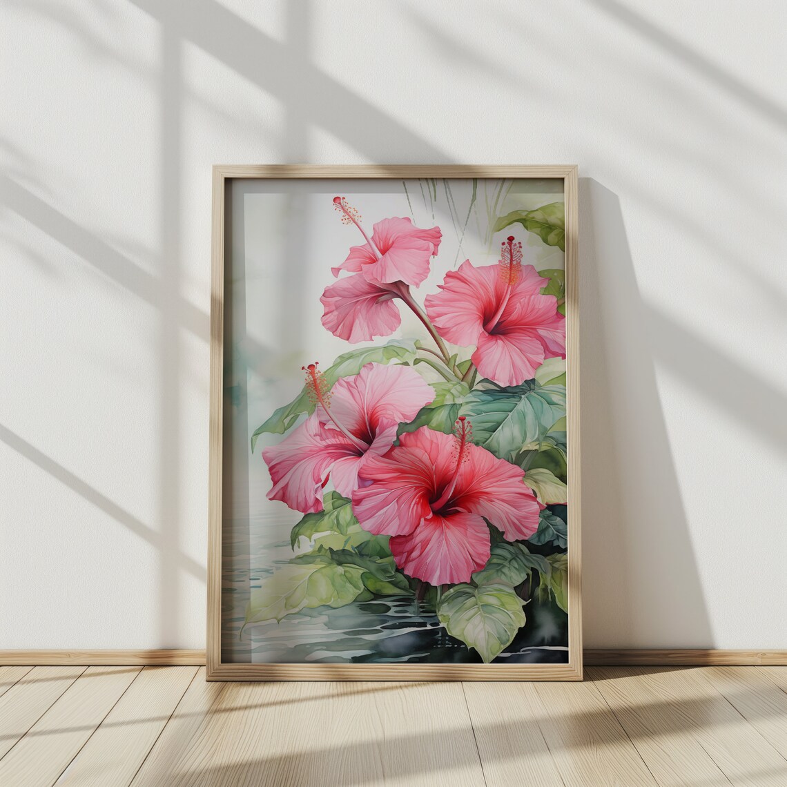 Pink Hibiscus Watercolor Art Print, Home Office Decor