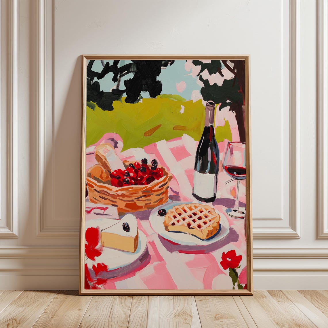 Summer Cherry Pie Picnic Basket Wine Berries Gingham Garden Art Poster - Image 2