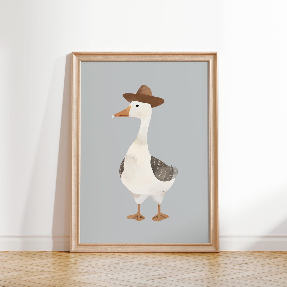 Cowboy Goose With Brown Hat On Blue Background Cute Nursery Art Poster