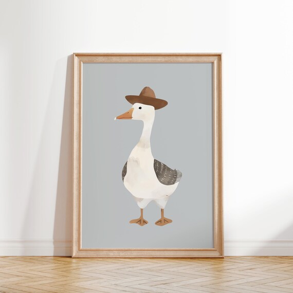 Cowboy Goose With Brown Hat On Blue Background Cute Nursery Art Poster