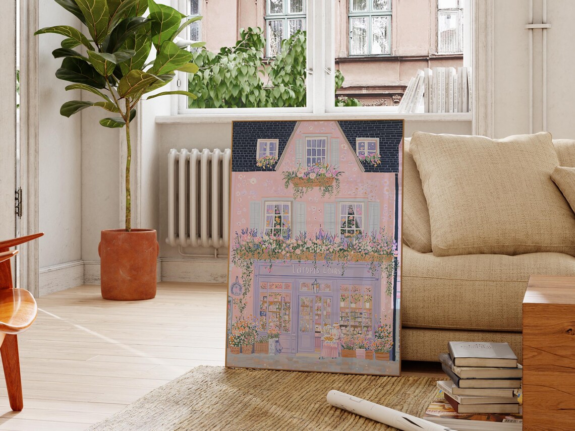 Parisian Flower Shop Pink Facade Blooming Cafe French Spring Poster
