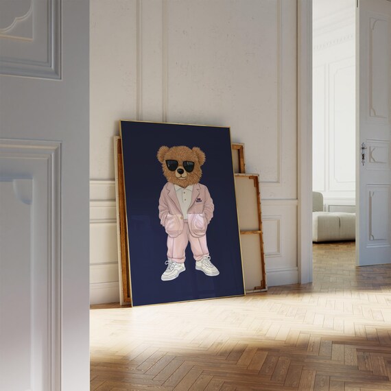 Teddy Bear In Pink Suit And Sunglasses Preppy Nursery Decor Poster