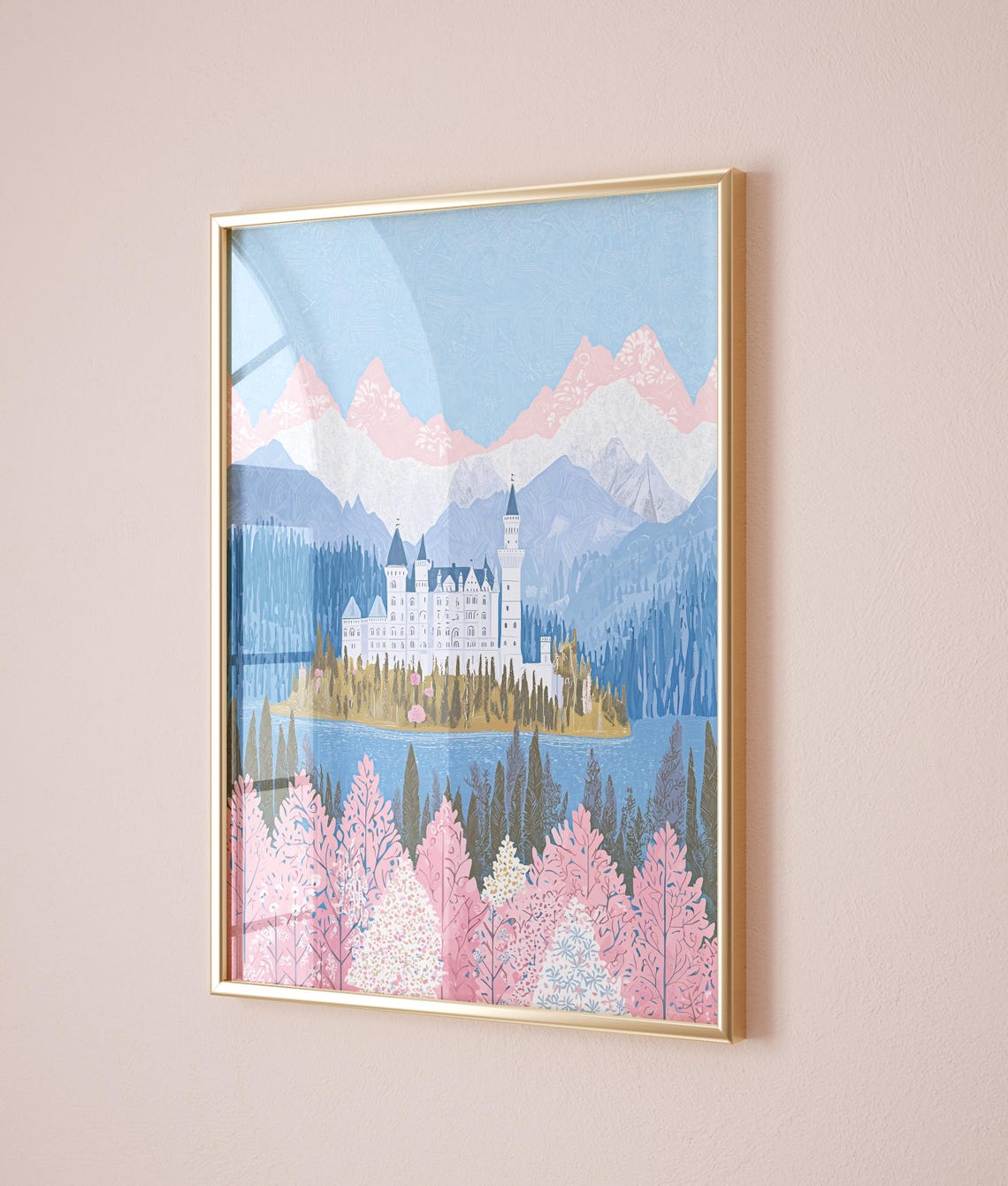 Neuschwanstein Castle Wall Art Print Pink Spring German Fairytale Architecture Poster Mountain Lake Decor - Image 5