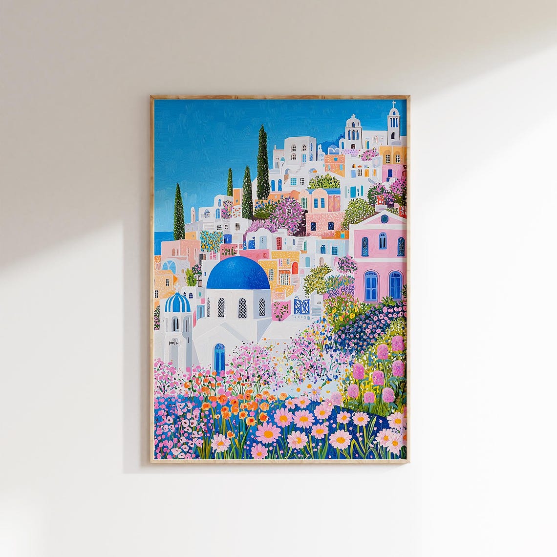 Santorini Village Blue Domes Wildflowers Cypress Greek Path Poster