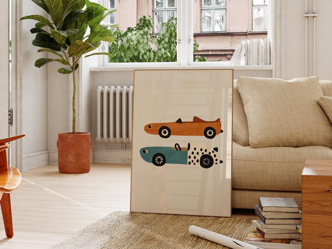 Two Retro Race Cars Orange Teal Vintage Boys Room Nursery Poster