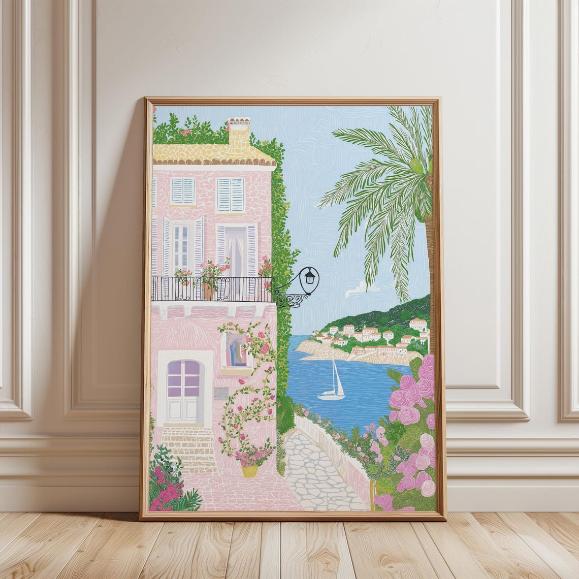 Mediterranean Pink Villa Balcony Coastal Path Sailboat Summer Poster