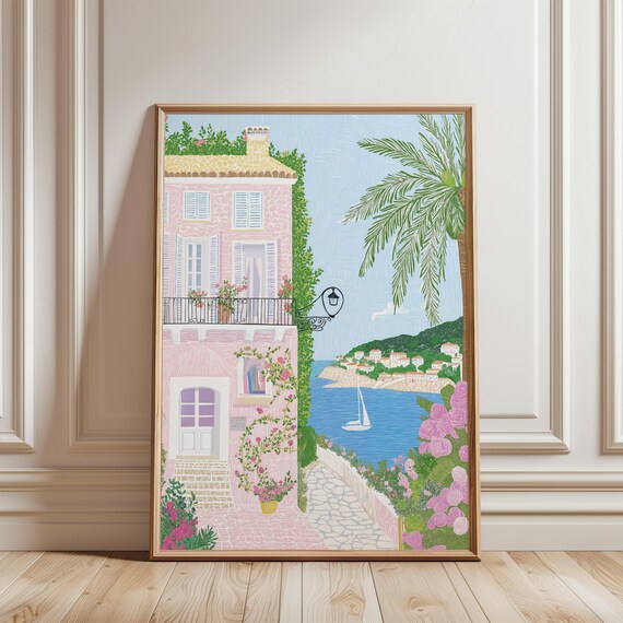 Mediterranean Pink Villa Balcony Coastal Path Sailboat Summer Poster