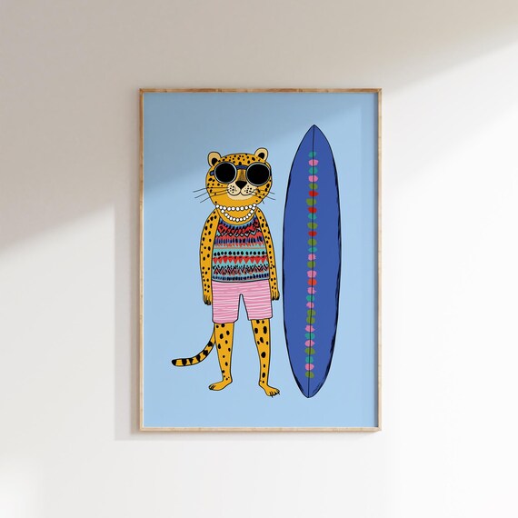Surfing Leopard With Sunglasses Blue Surfboard Kids Art Print