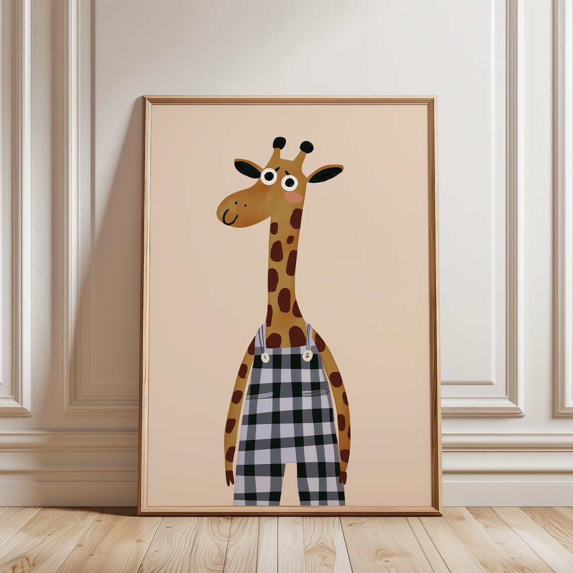 Cute Giraffe In Buffalo Plaid Overalls Safari Nursery Animal Wall Art - Image 4