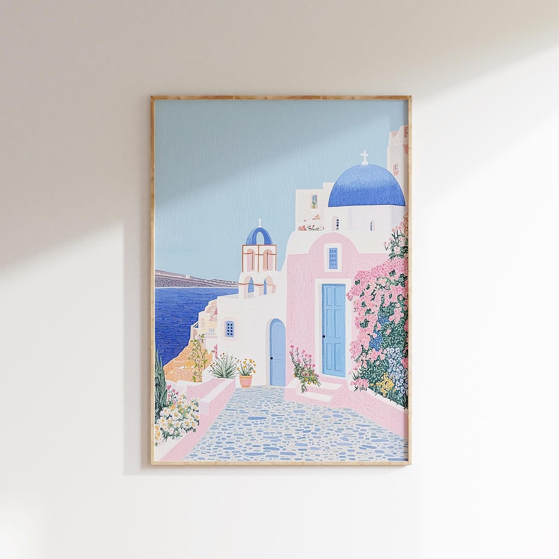 Santorini Blue Dome Greek Island Pink Path Flowers Sea View Poster