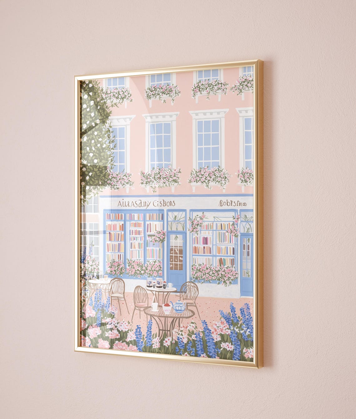 English Bookstore Front Pink Blue Flowered Bookshop Cottage Poster - Image 5