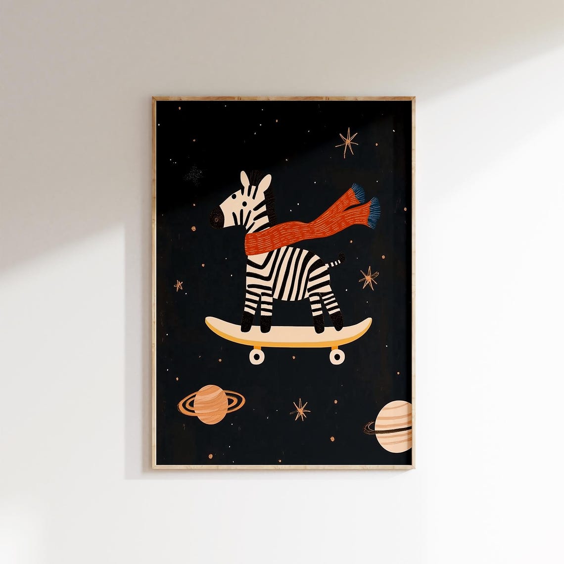 Cute Zebra Riding a Skateboard Through Space Kids Nursery Poster