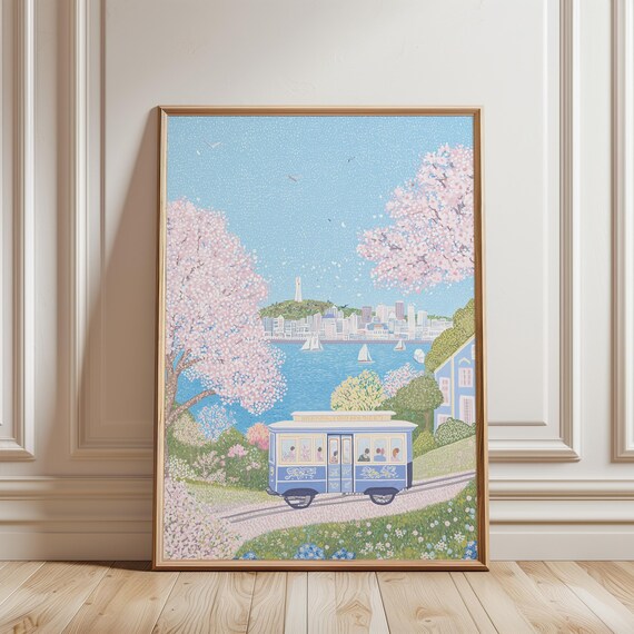 San Francisco Blue Cable Car Blossom Skyline Bay View Poster
