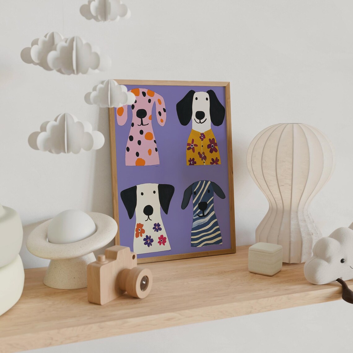 Colorful Puppy Collection Four Floral Striped Dogs Purple Wall Poster - Image 4