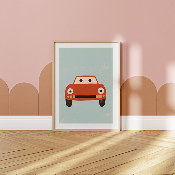 Cute Red Car Front View Smiling Mint Modern Kids Room Art Poster