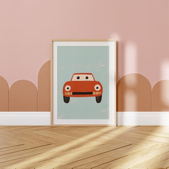 Red Car Wall Art Kids Room Decor Nursery Poster Playroom Vehicle Art Toddler Room Wall Art Whimsical Car Print