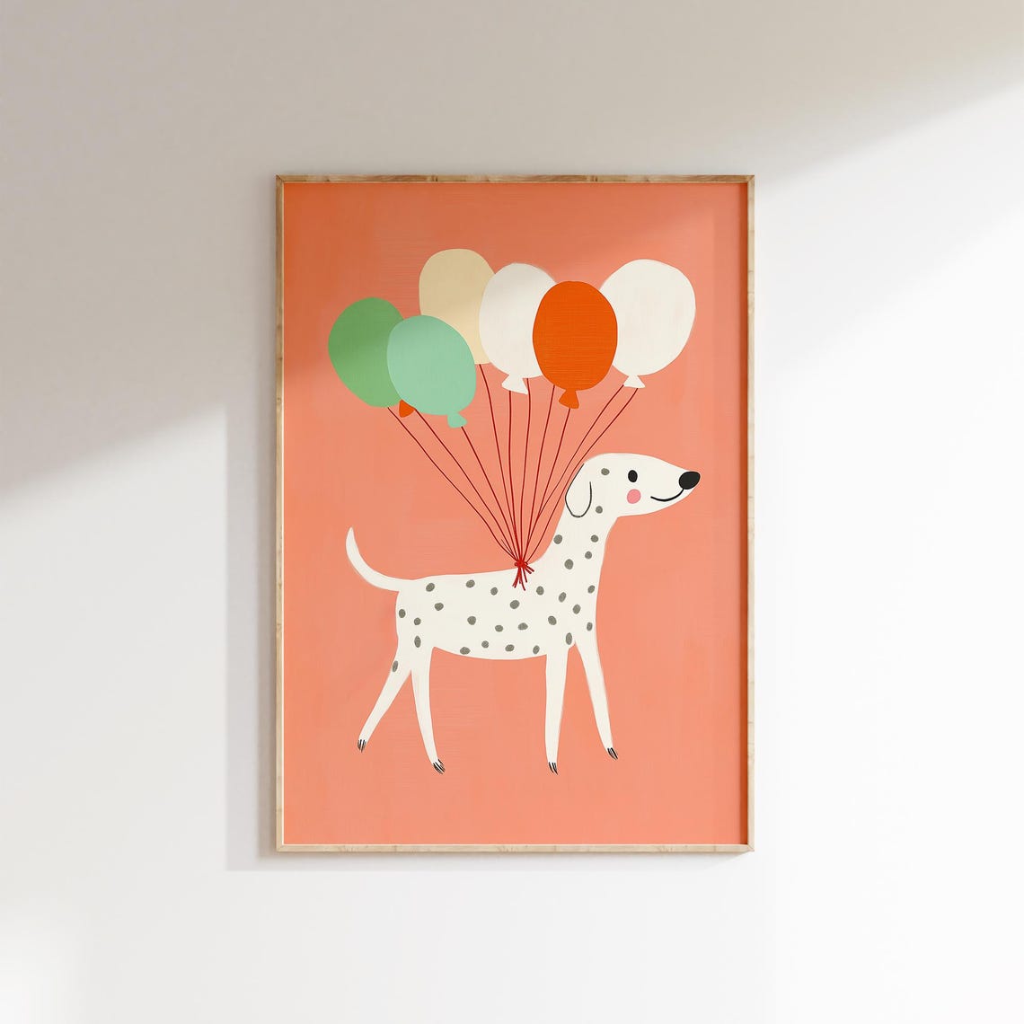 Spotted Dog With Balloons Coral Nursery Birthday Party Art Poster