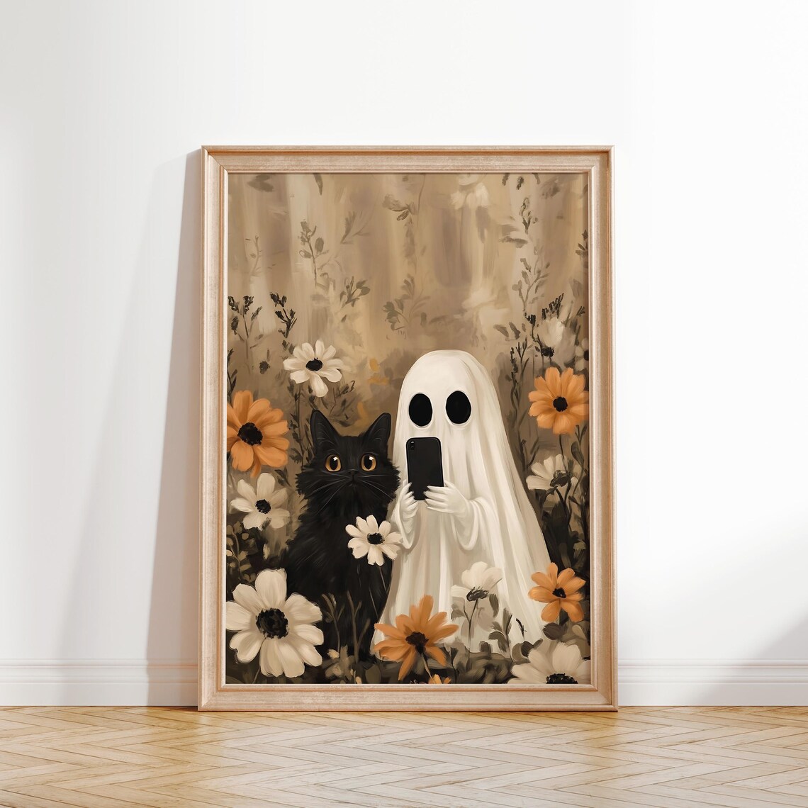 Ghost Taking a Selfie with Black Cat Among Flowers Funny Halloween Poster - Image 2