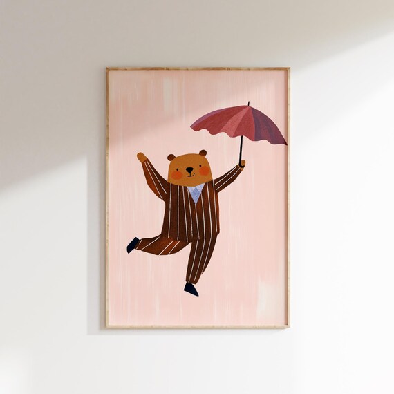 Dancing Bear Pink Umbrella Rain Striped Suit Cute Nursery Wall Art Print