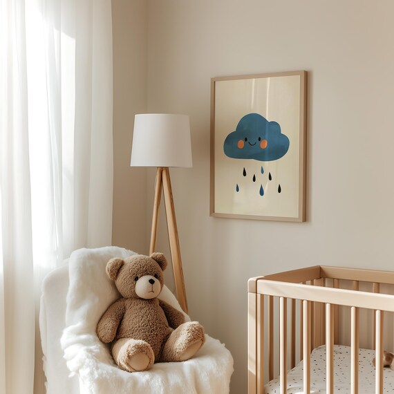 Smiling Blue Rain Cloud Cute Kids Weather Nursery Wall Poster