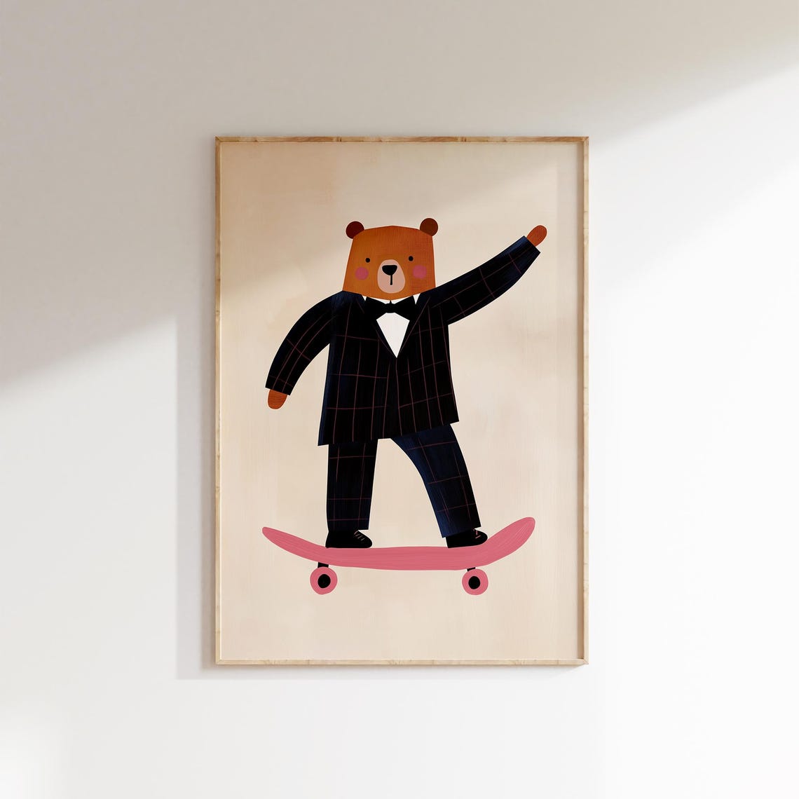 Dapper Bear Bow Tie Tuxedo Pink Skateboard Cute Nursery Wall Art Print