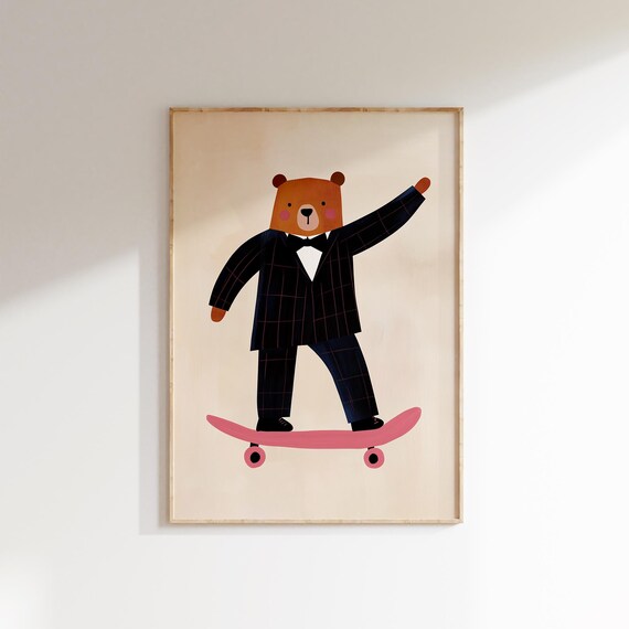 Dapper Bear Bow Tie Tuxedo Pink Skateboard Cute Nursery Wall Art Print
