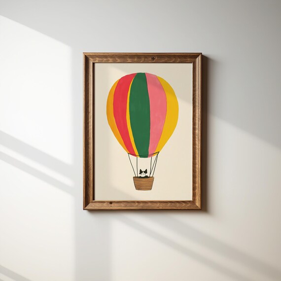 Cat Hot Air Balloon Ride Striped Colorful Nursery Animal Poster