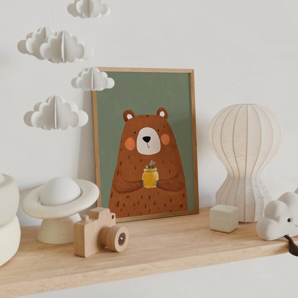 Brown Bear Holding Honey Pot With Bee Nursery Kids Animal Poster