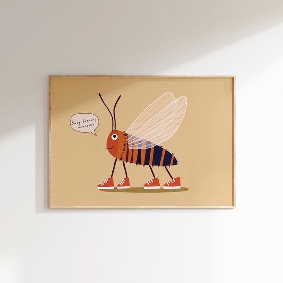 Busy Bee Print Fun Bug Wall Art Kids Room Illustration Insect Art Poster Playful Animal Print Whimsical Nature Decor Cute Bee Poster