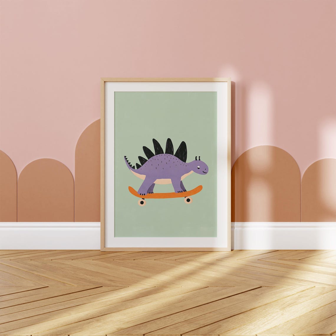 Purple Stegosaurus Riding Orange Skateboard Kids Dino Art Poster