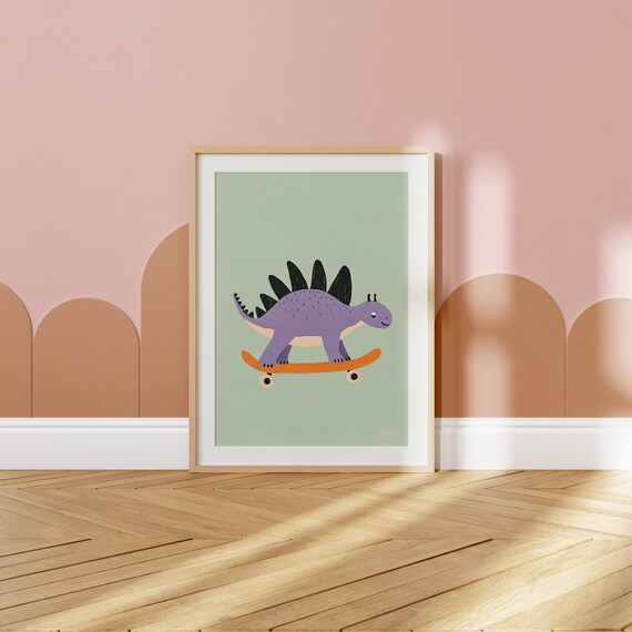 Purple Stegosaurus Riding Orange Skateboard Kids Dino Art Poster