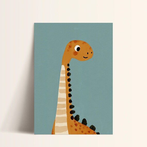 Orange Long Neck Dinosaur Smiling Portrait Cute Kids Dino Poster