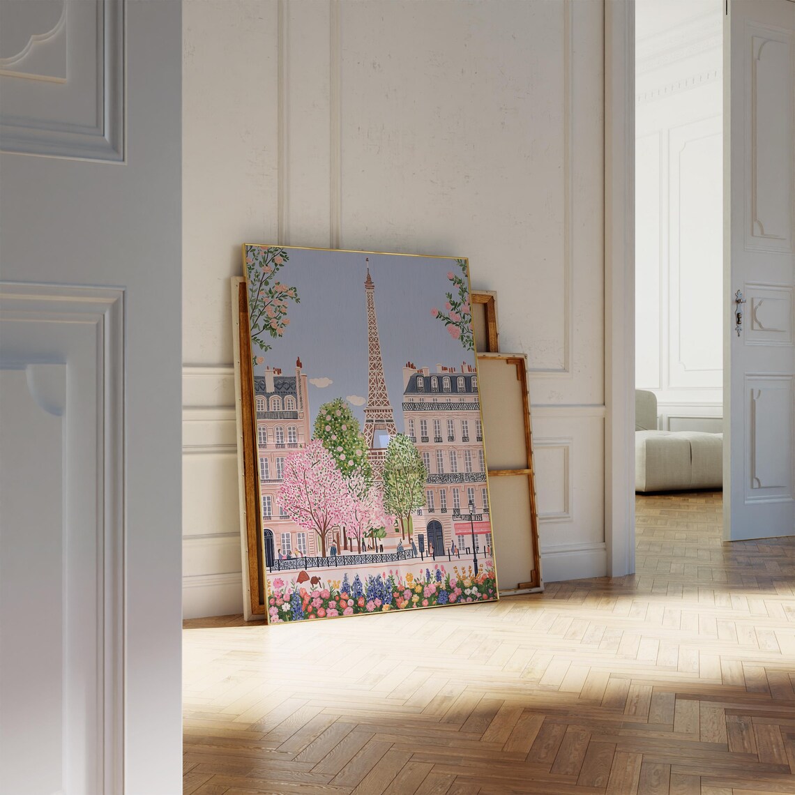 Eiffel Tower Rising Above Paris Streets with Pink Spring Blossoms Poster - Image 2