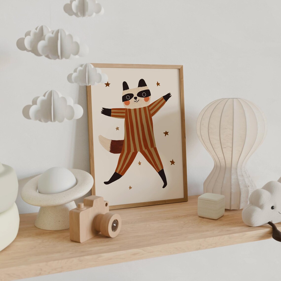 Dancing Raccoon Striped Pajamas Stars Whimsical Nursery Wall Art Print - Image 4