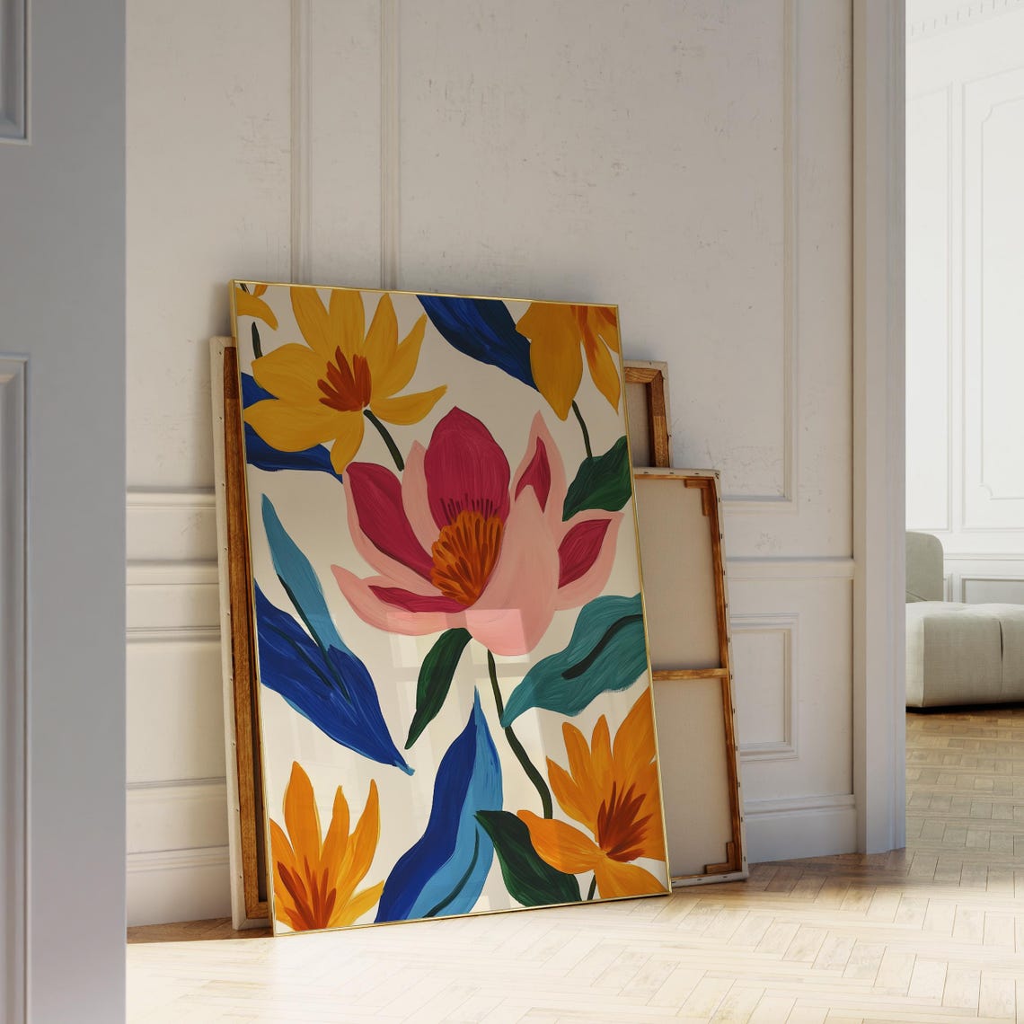 Modern Botanical Flower Print Pink Orange Blue Floral Wall Poster - Image 5
