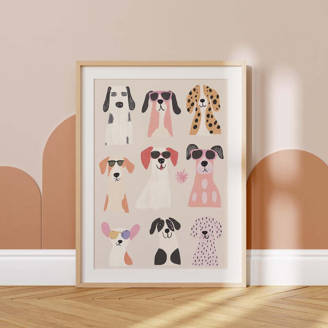 Fashionable Dogs Print Nine Pink Pups Sunglasses Kids Room Wall Poster