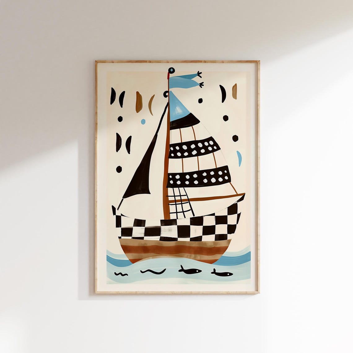 Whimsical Checkered Sailboat Nautical Folk Art Boat Kids Poster - Image 2