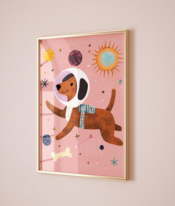 Astronaut Dog in Space Illustration Pink Solar System Kids Room Art Poster