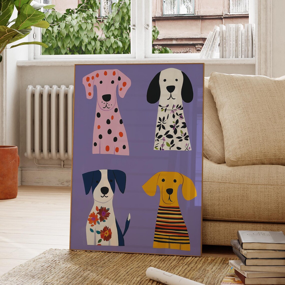Cute Puppy Collection Four Patterned Dogs Purple Kids Room Wall Poster - Image 2