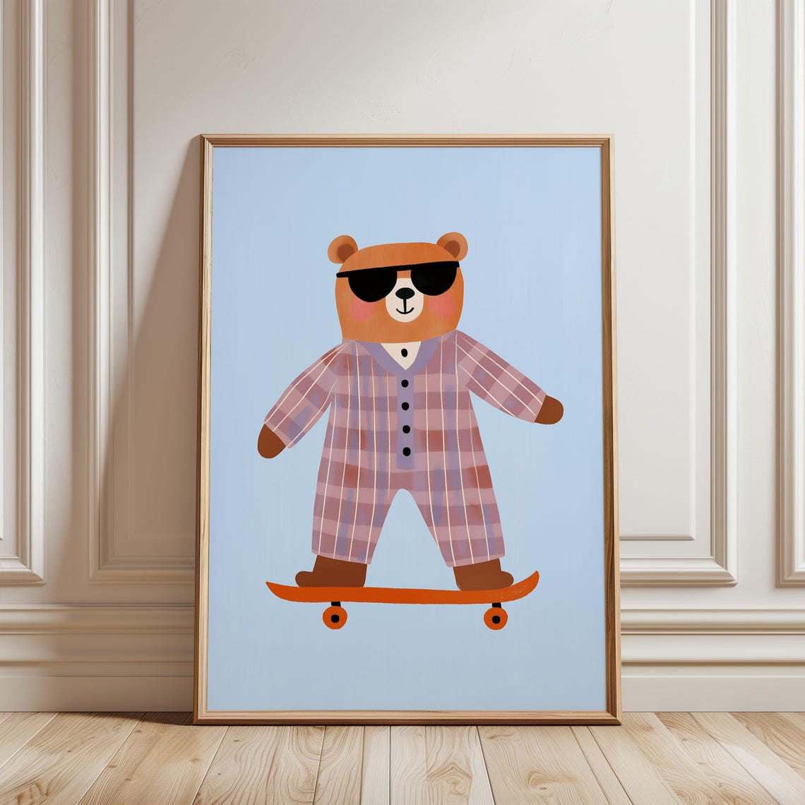 Cool Skateboard Bear Sunglasses Pajamas Blue Kids Room Wall Poster