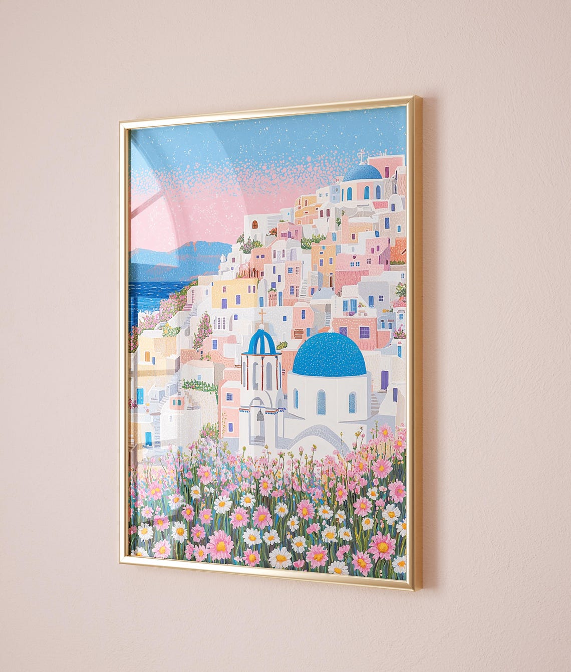 Santorini Town Blue Domes Wildflower Field Greek Island Poster - Image 2