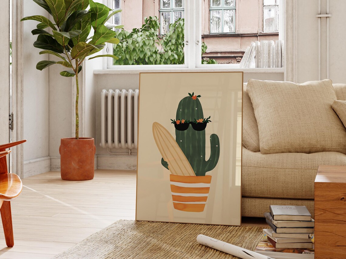 Cute Cactus with Flower Sunglasses Surfboard Summer Art Poster - Image 4