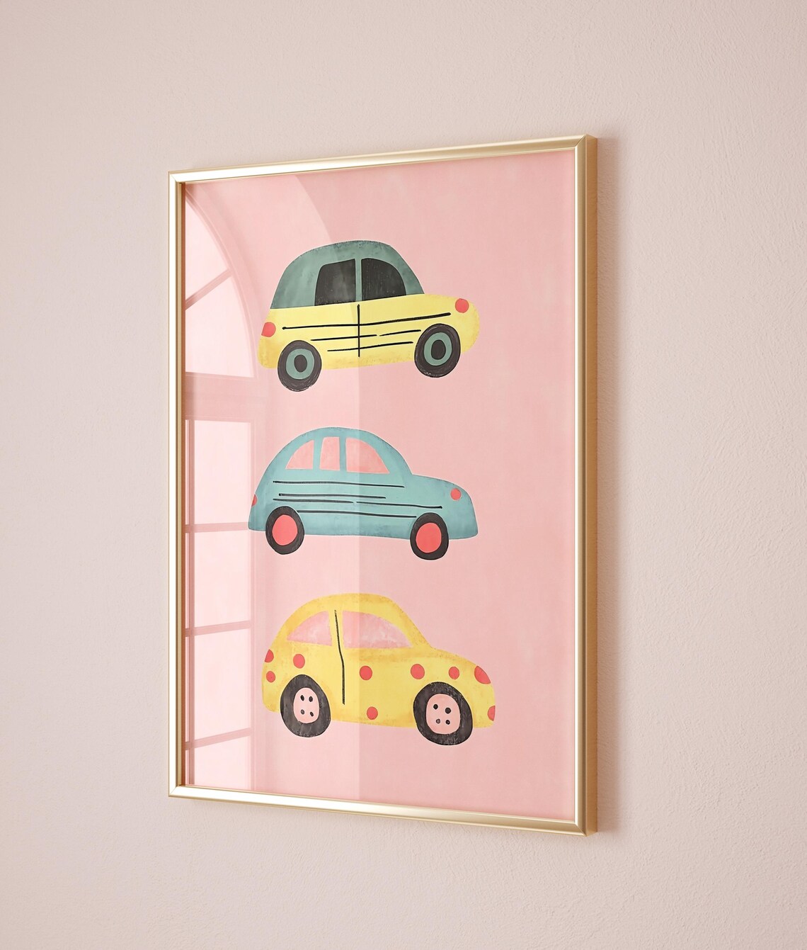 Colorful Cute Cartoon Cars Trio Pink Kids Nursery Vehicle Poster - Image 2