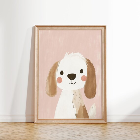 Cute Dog Face Floppy Ears Watercolor Pink Nursery Kids Wall Art